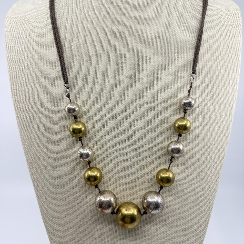 Mixed Metal Bead Statement Necklace Brown Cord Gold & Silver Tone Boho Chic